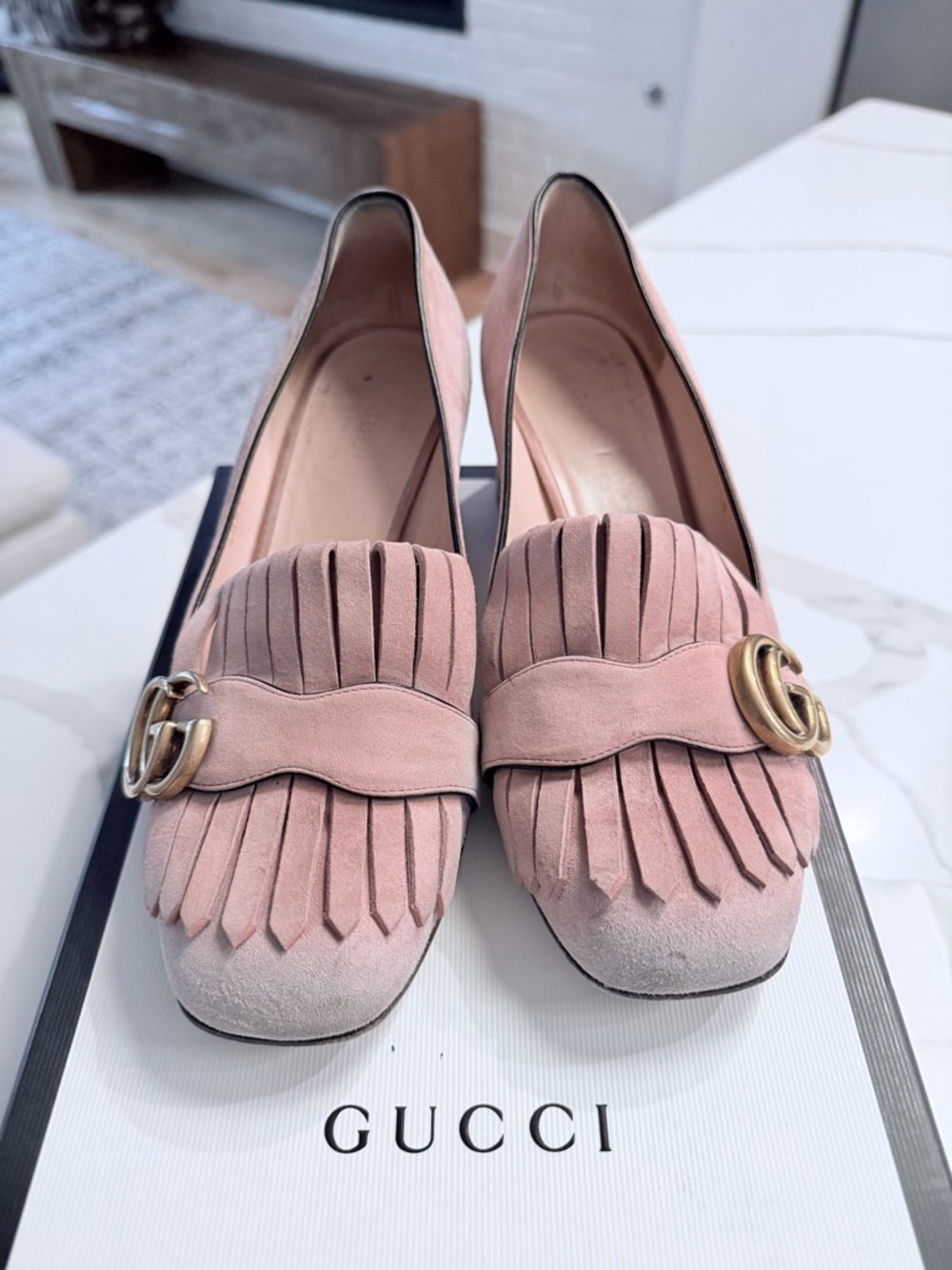 Gucci Blush Pink Suede Fringe Loafers with Gold Double G